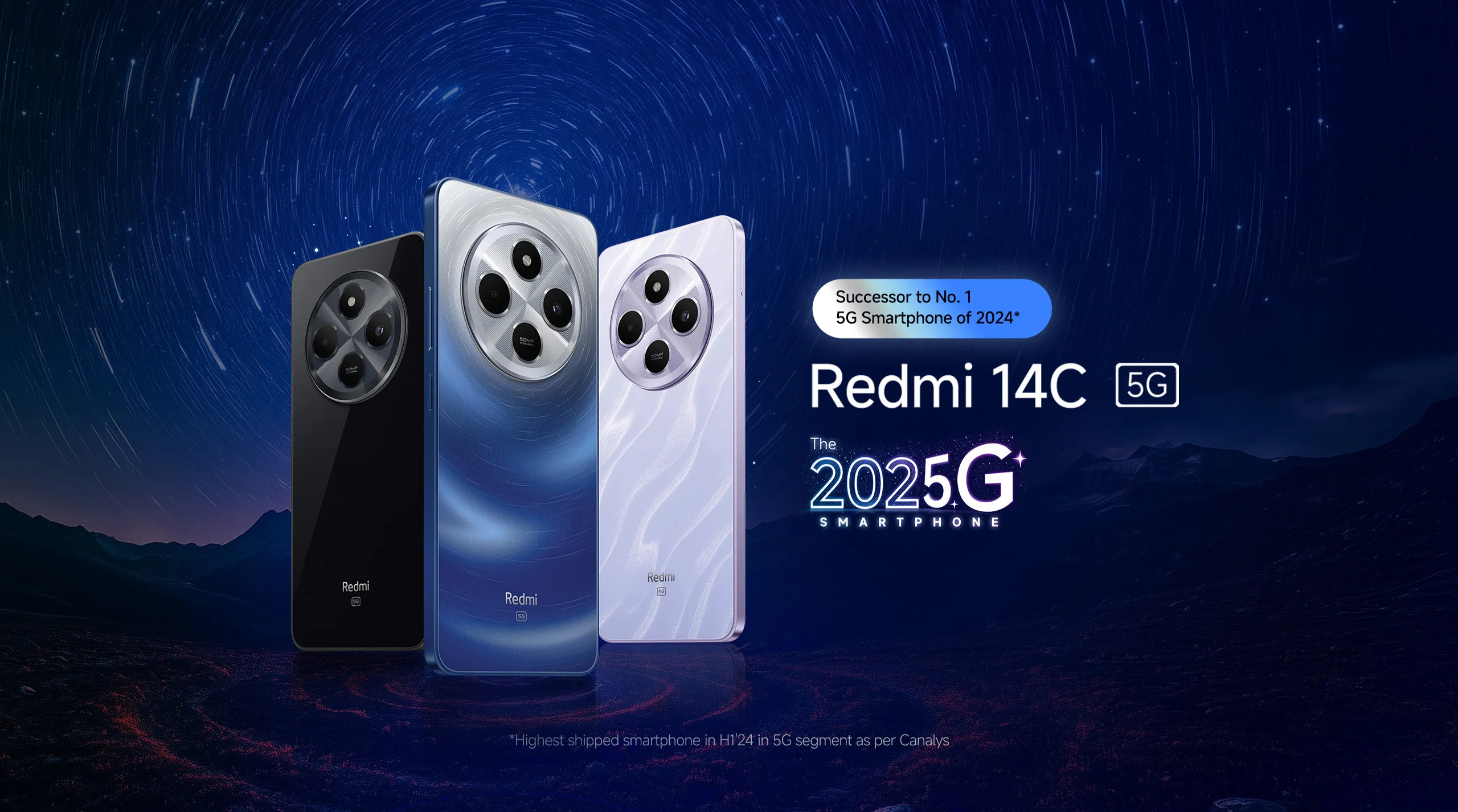 Redmi 14C 5G in Stardust Purple with premium starlight design and dual rear cameras.

