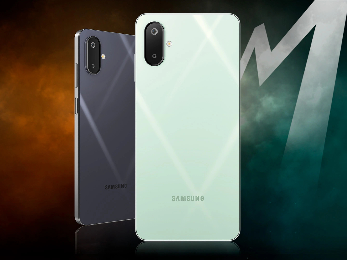Samsung Galaxy M06 5G in Sage Green color with slim 8mm design and dual rear camera setup.